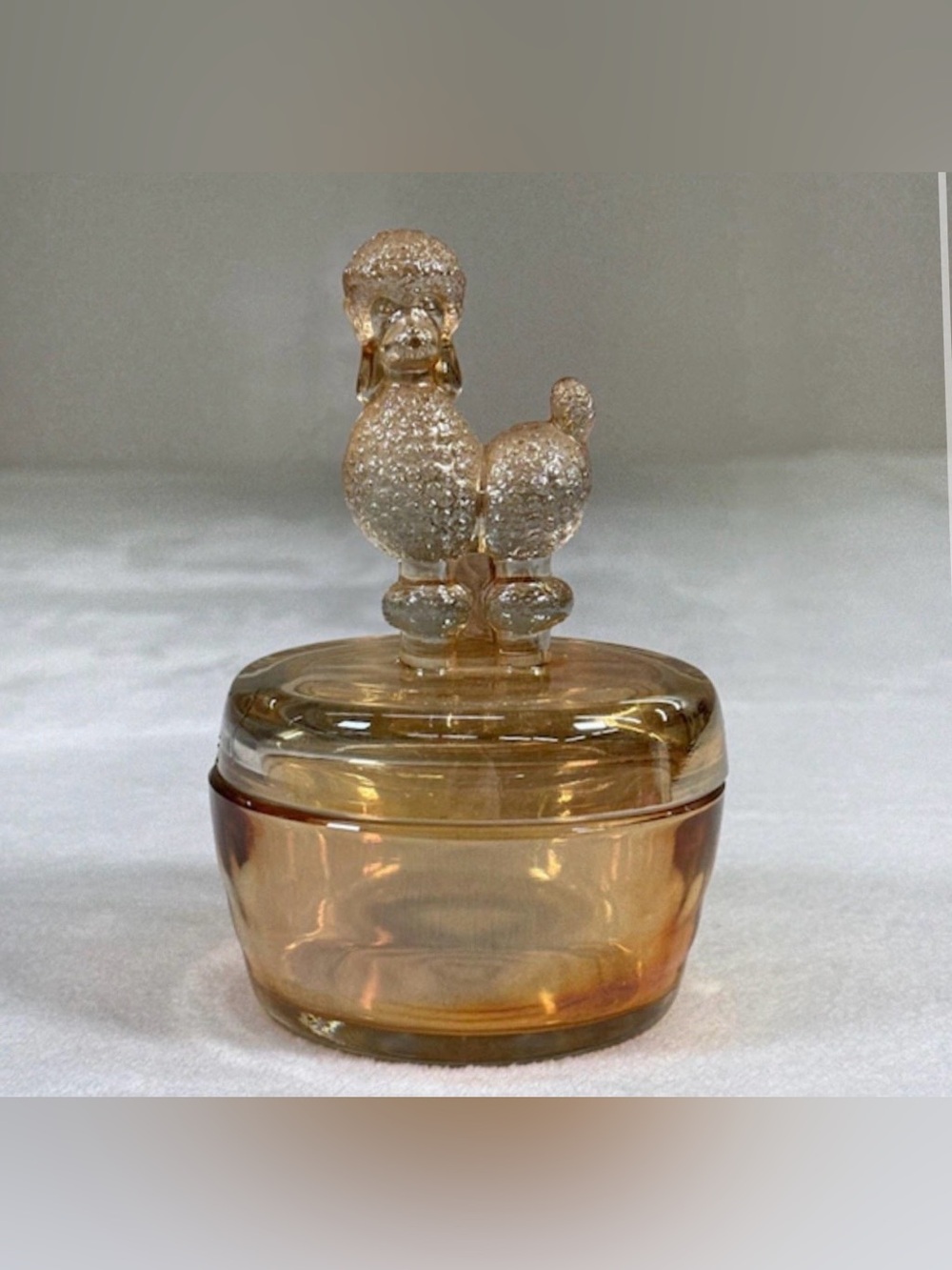 Vintage Whimsical Poodle Jeannette Glass Marigold Amber Lidded Powder Jar